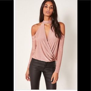 Pink Choker Neck Cold Shoulder Wrap Top - NWOT